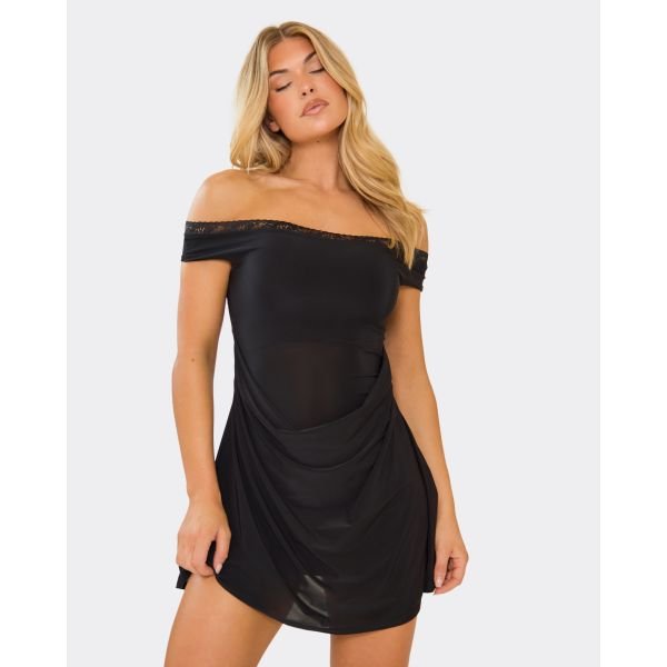 EGO Bardot Lace Trim Draped Detail Skater Mini Dress In Black, Women's Size UK 6 - 2