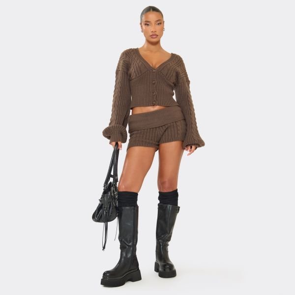 EGO Fold Over Waist Shorts In Chocolate Brown Cable Knit, Women's Size UK Large L - 1