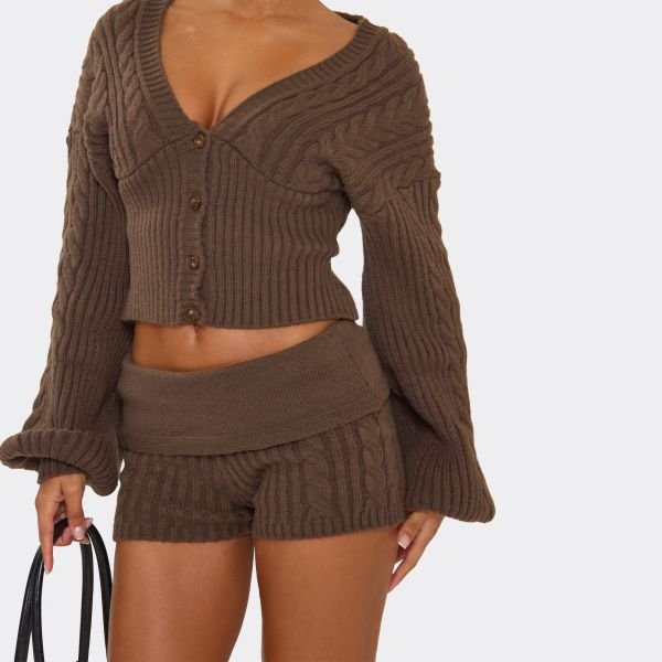 EGO Fold Over Waist Shorts In Chocolate Brown Cable Knit, Women's Size UK Large L - 2