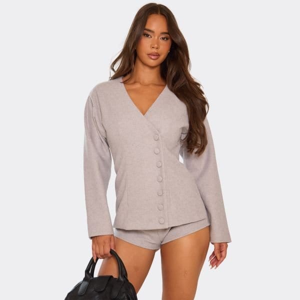 EGO Long Sleeve Button Front Detail Blazer Playsuit In Grey, Women's Size UK 6 - 1