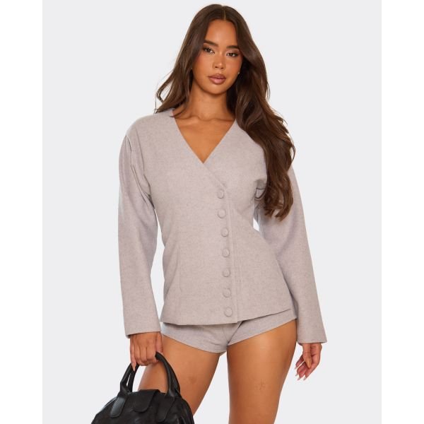EGO Long Sleeve Button Front Detail Blazer Playsuit In Grey, Women's Size UK 6 - 2