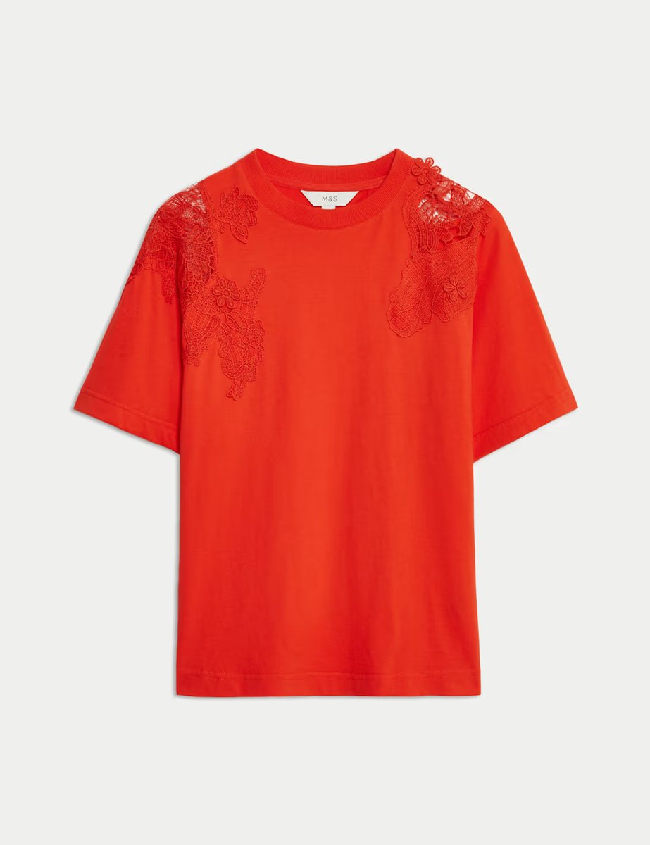 Marks & Spencer M&S Pure Cotton Embroidered T-Shirt Red - 2