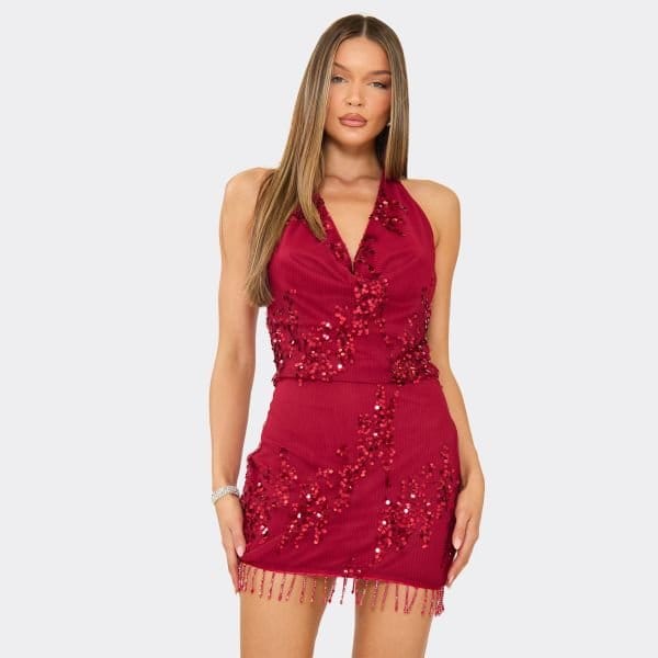 EGO Cowl Halterneck Tassel Trim Mini Dress In Red Sequin, Women's Size UK 6 - 1