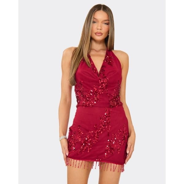 EGO Cowl Halterneck Tassel Trim Mini Dress In Red Sequin, Women's Size UK 6 - 2
