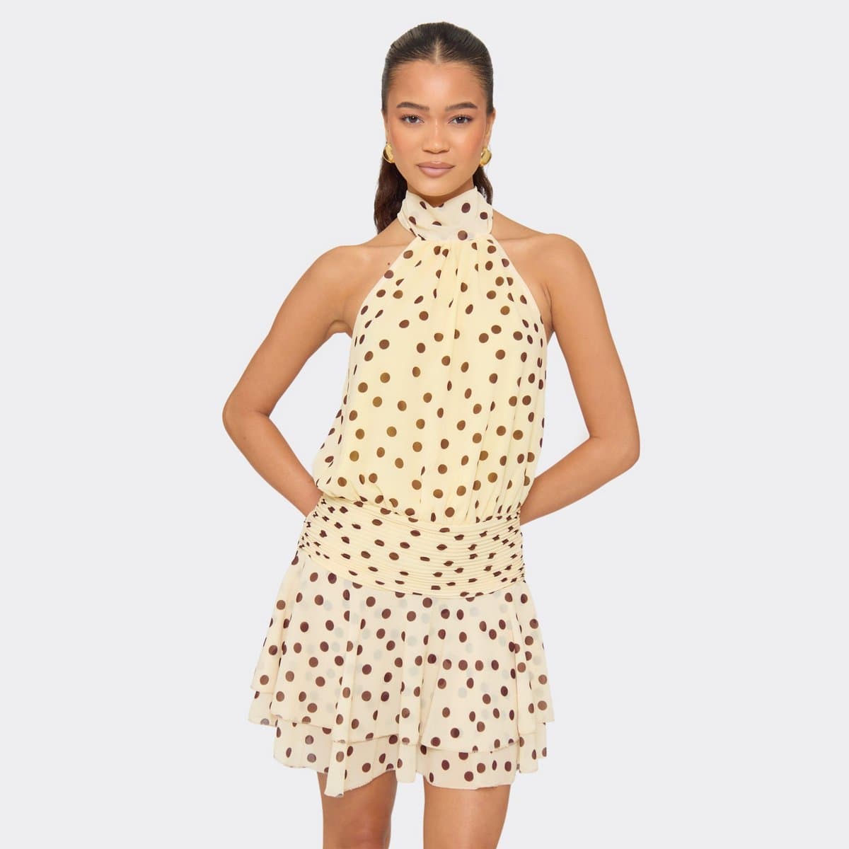EGO High Neck Blouson Frilled Mini Dress In Lemon Yellow Polka Dot, Women's Size UK 6