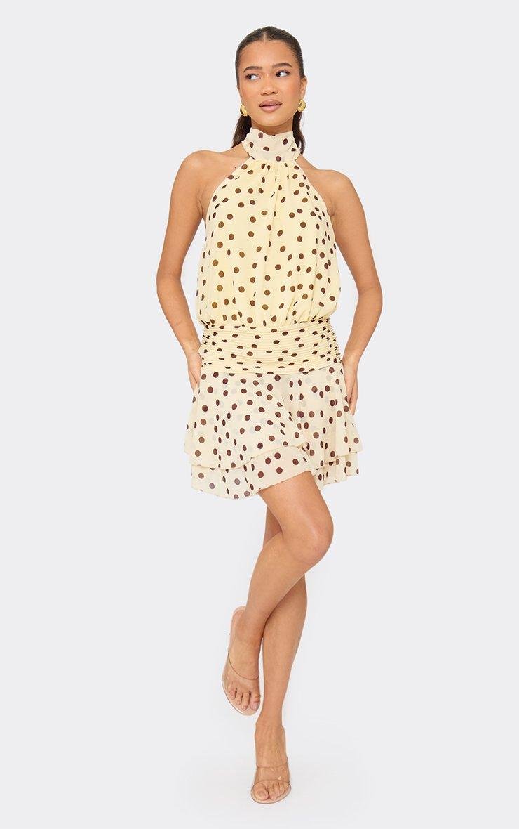 EGO High Neck Blouson Frilled Mini Dress In Lemon Yellow Polka Dot, Women's Size UK 6 - 2