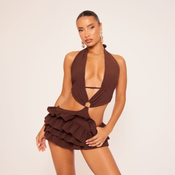 EGO Halterneck Ring Detail Cut Out Playsuit In Brown Texture, Women's Size UK 10 - 1