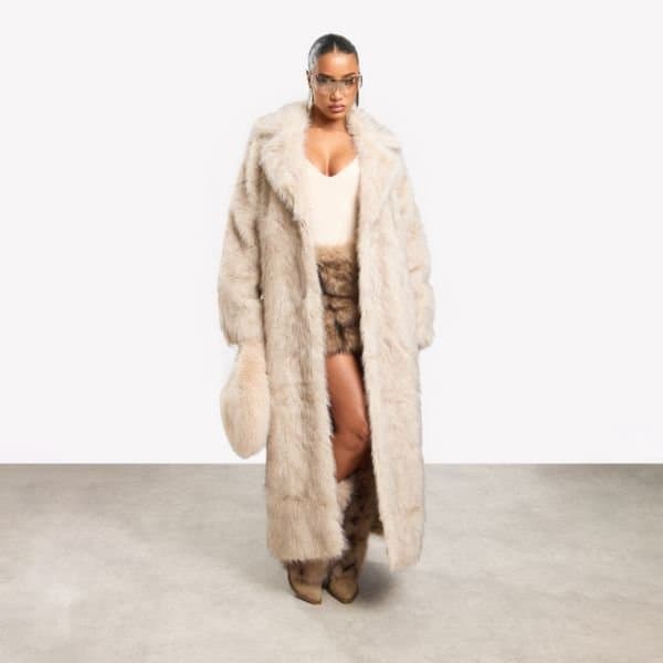 EGO Oversized Maxi Coat In Stone Natural Look Faux Fur, Women's Size UK 8