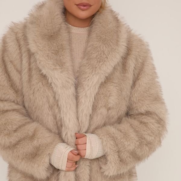 EGO Oversized Maxi Coat In Stone Natural Look Faux Fur, Women's Size UK 8 - 2