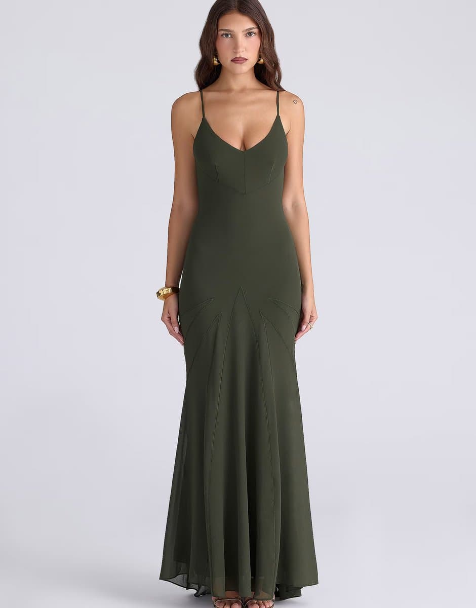 ASOS House of CB Sacha forest green georgette panelled maxi dress in forest green