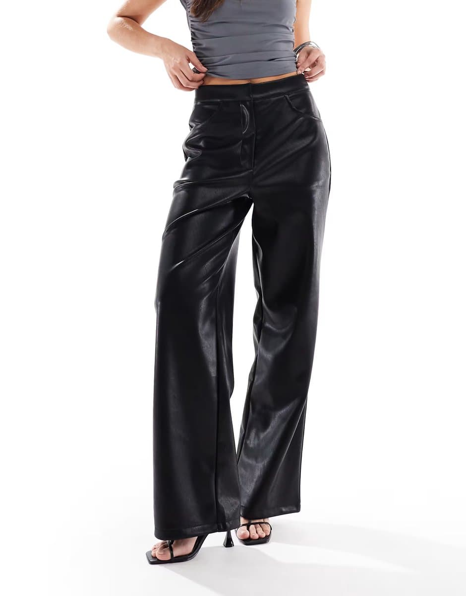ASOS ASOS DESIGN leather look wide leg trouser in black
