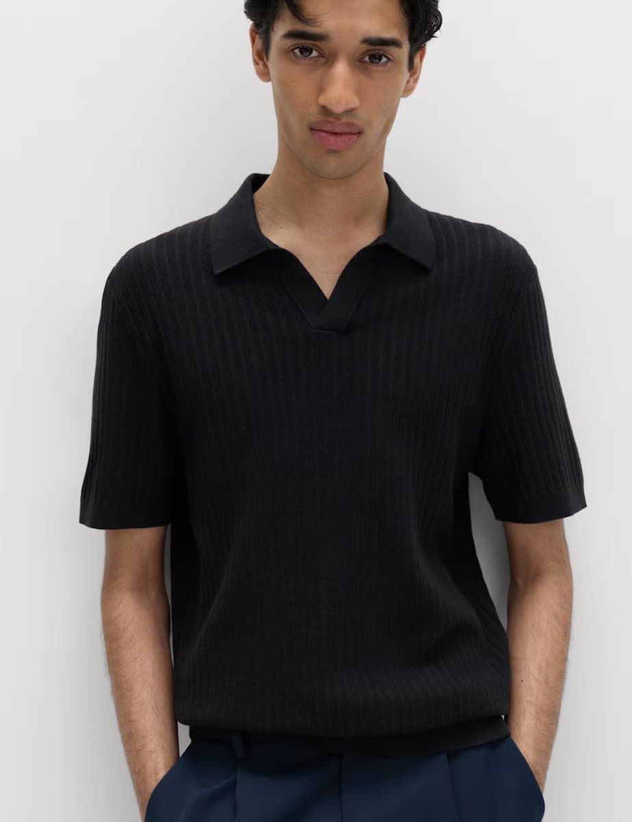 Marks & Spencer M&S Cotton Rich Rib Texture Open Neck Polo Shirt Navy