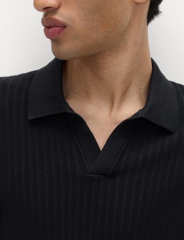 Marks & Spencer M&S Cotton Rich Rib Texture Open Neck Polo Shirt Navy - 2