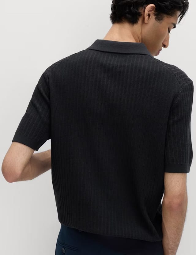 Marks & Spencer M&S Cotton Rich Rib Texture Open Neck Polo Shirt Navy - 3