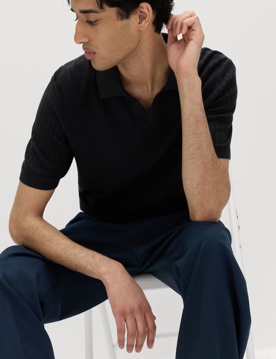 Marks & Spencer M&S Cotton Rich Rib Texture Open Neck Polo Shirt Navy - 4