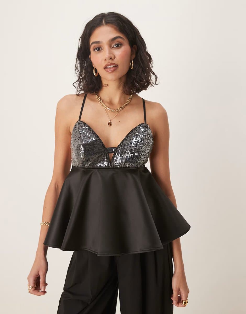 ASOS ASOS DESIGN sequin bust with peplum cami top in black