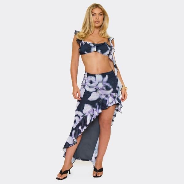 EGO EGO Floral Print Midi Rise Frill Hem Maxi Skirt in Lilac