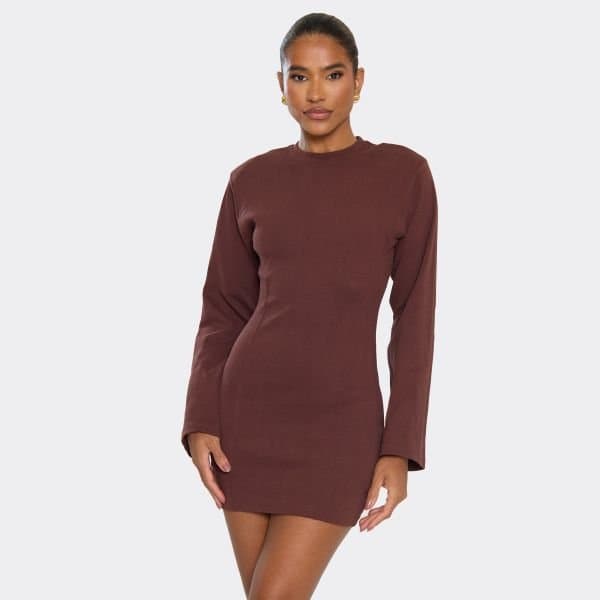 EGO Long Sleeve Shoulder Pad Cinched Waist Detail Mini Dress In Chocolate Brown, Women's Size UK 6