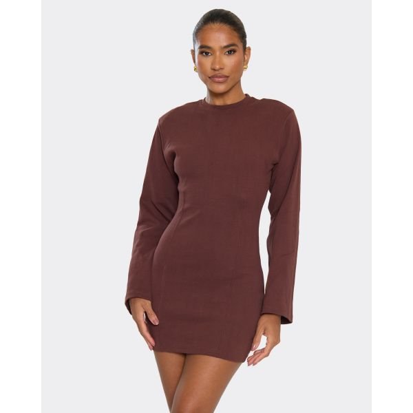 EGO Long Sleeve Shoulder Pad Cinched Waist Detail Mini Dress In Chocolate Brown, Women's Size UK 6 - 2