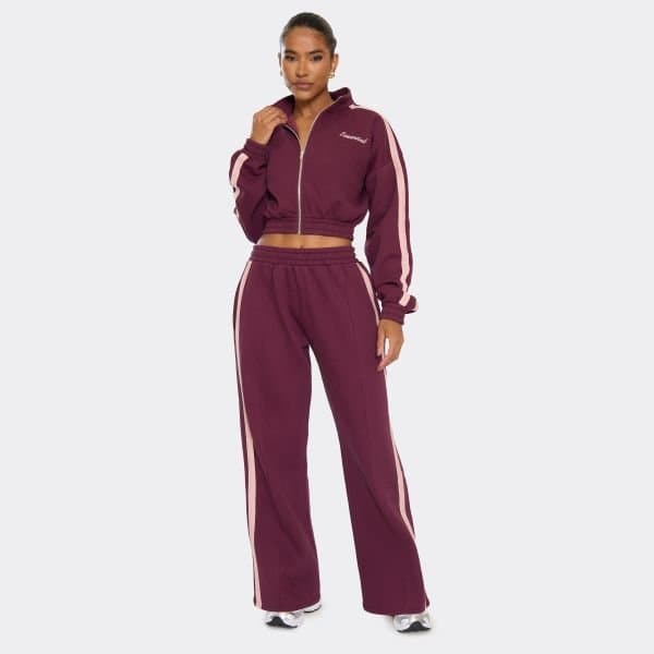 EGO Mid Rise Contrast Stripe Straight Leg Joggers In Burgundy, Women's Size UK 4