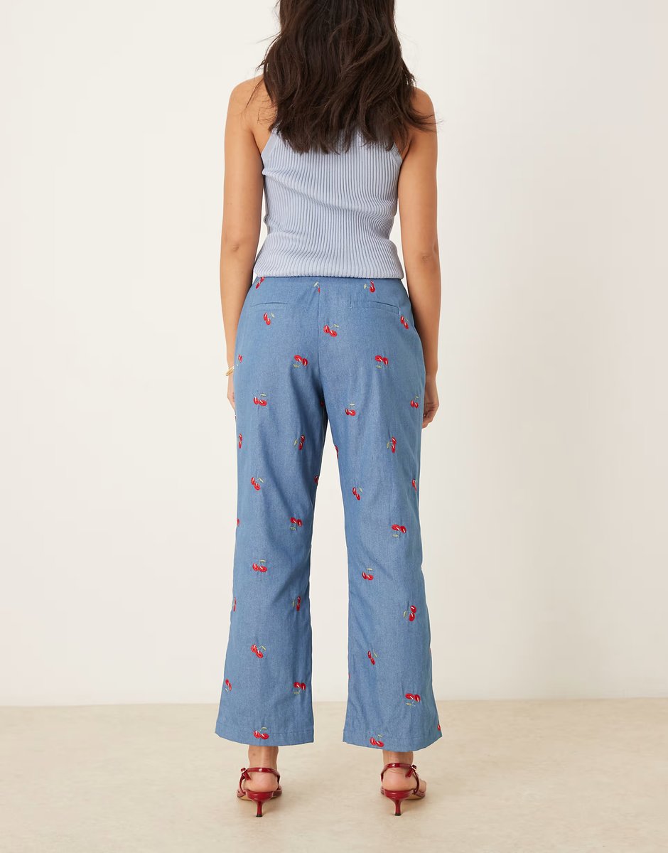 ASOS Sister Jane cherry embellished high waisted flare jeans in denim blue - 3