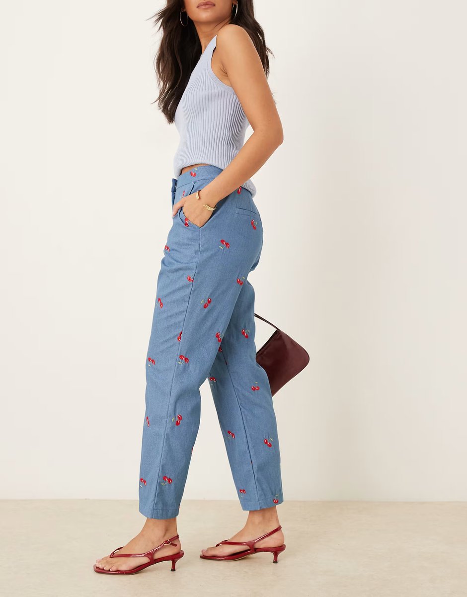 ASOS Sister Jane cherry embellished high waisted flare jeans in denim blue - 4