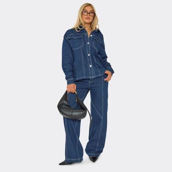 EGO Mid Rise Seam Detail Wide Leg Jeans In Indigo Denim, Women's Size UK 6 - 1