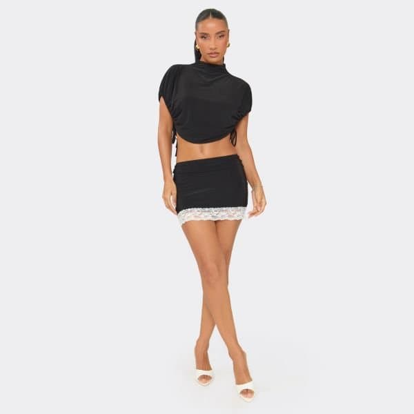 EGO Low Rise Contrast Lace Trim Mini Skirt In Black, Women's Size UK 6