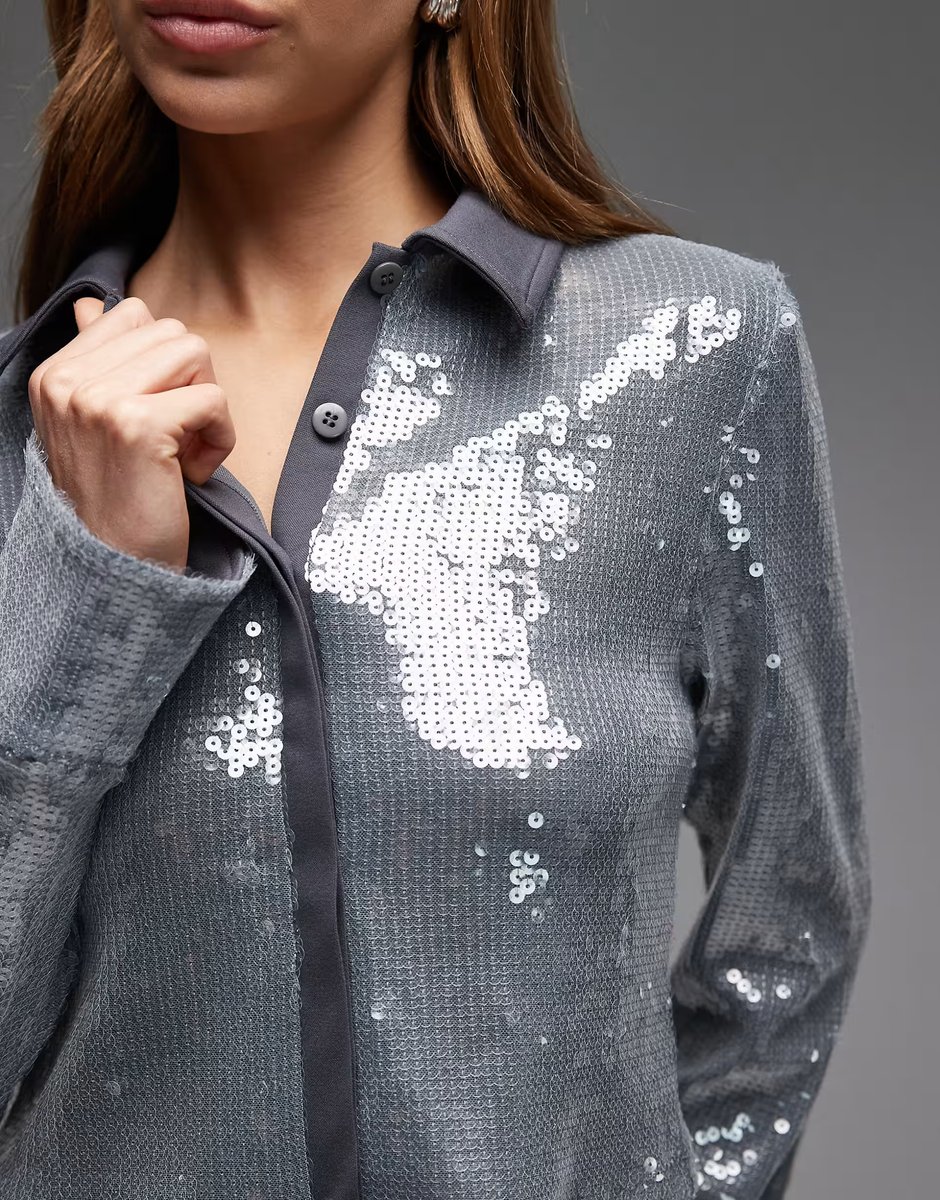 ASOS ASOS DESIGN co-ord glass sequin shirt with contrast collar in grey - 3