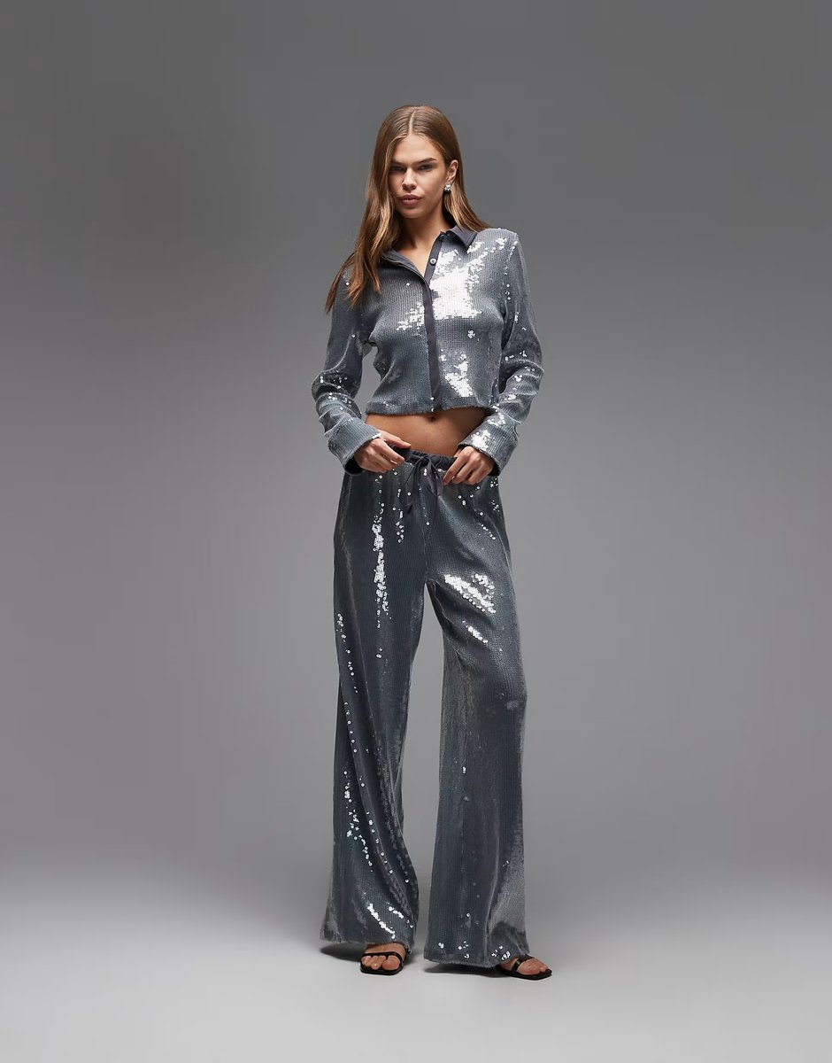 ASOS ASOS DESIGN co-ord glass sequin shirt with contrast collar in grey - 4