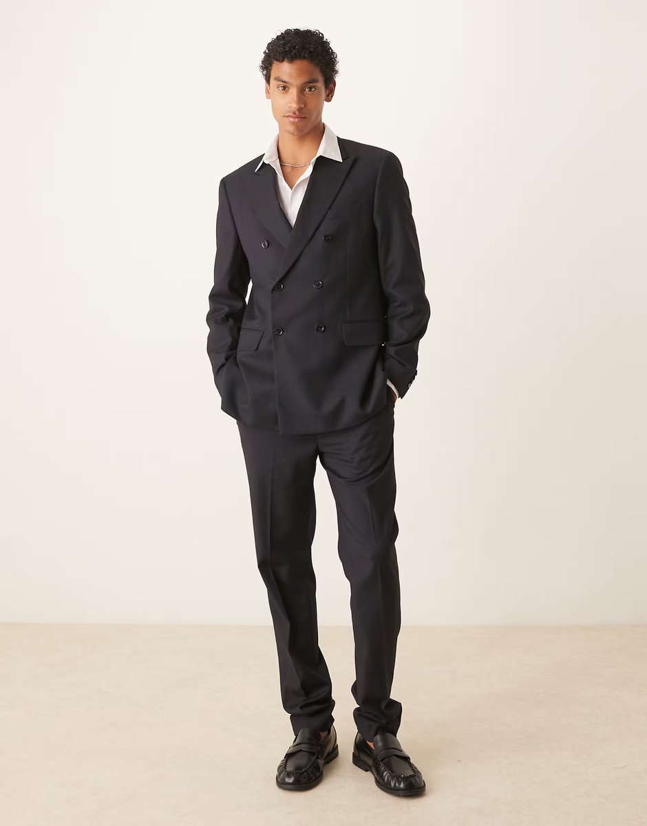 ASOS Mango double breasted slim fit suit in navy co-ord - 2