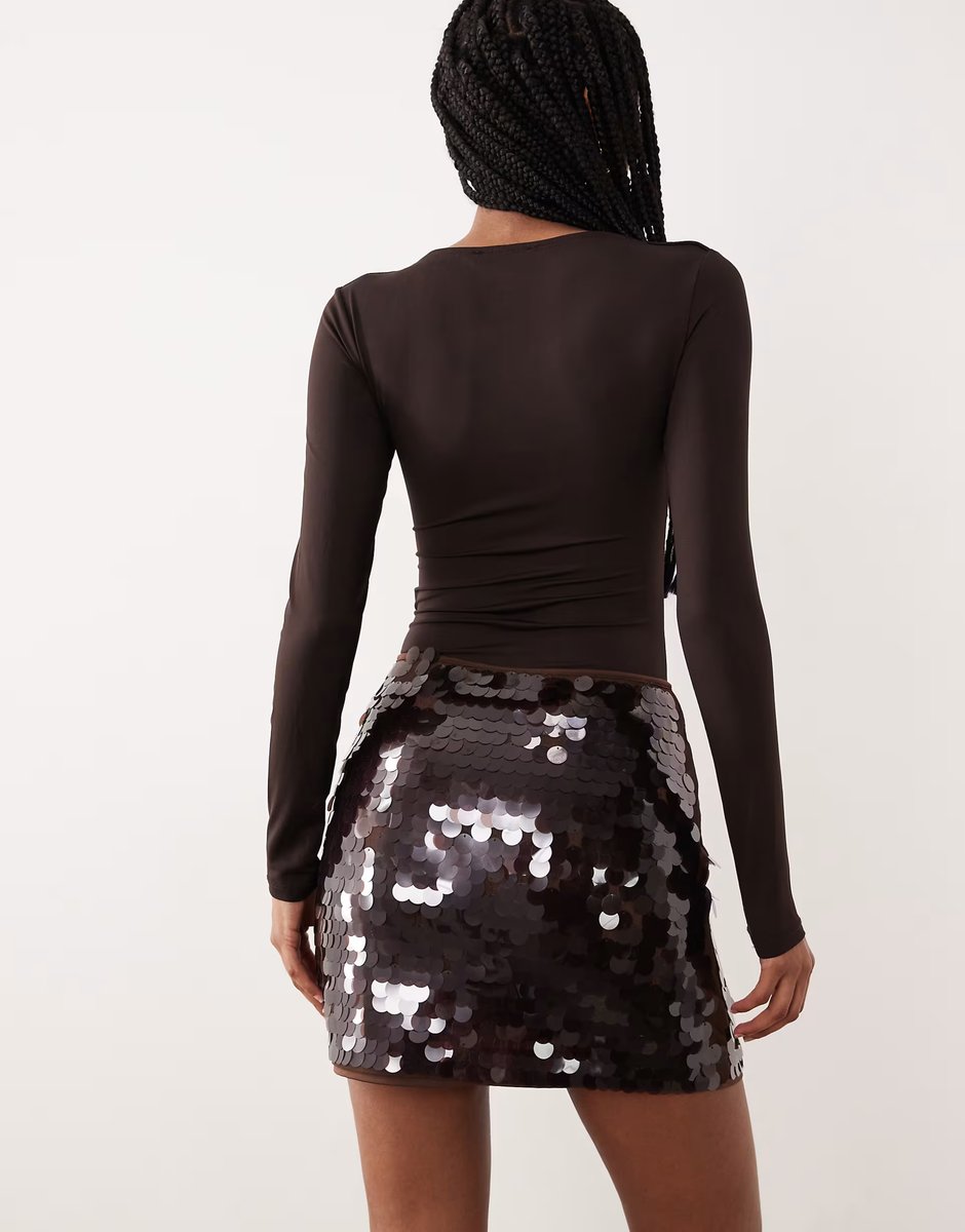 ASOS Abercrombie & Fitch curve love ultra high rise scarlett skort in brown sequins - 4