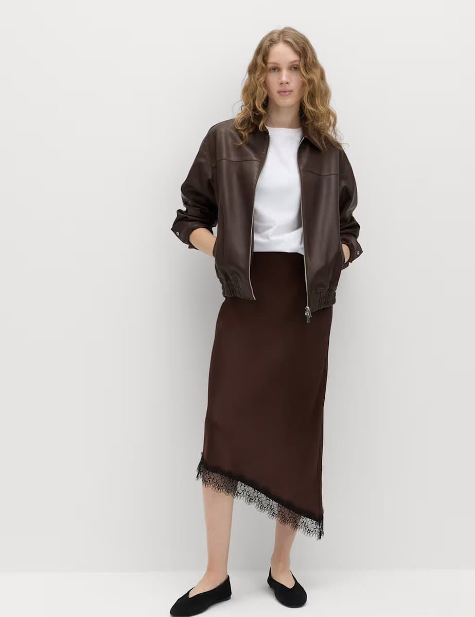 Marks & Spencer M&S Lace Detail Asymmetric Midi Slip Skirt Brown