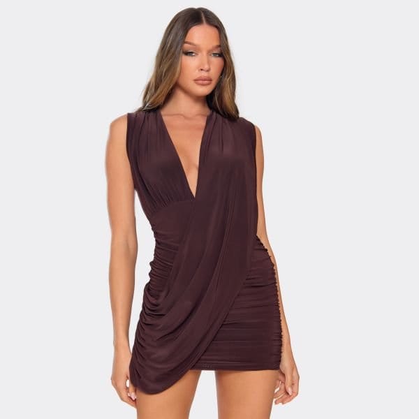 EGO Sleeveless Plunge Draped Detail Mini Dress In Chocolate Brown, Women's Size UK 6 - 1