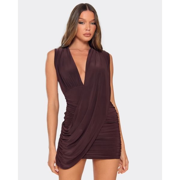 EGO Sleeveless Plunge Draped Detail Mini Dress In Chocolate Brown, Women's Size UK 6 - 2