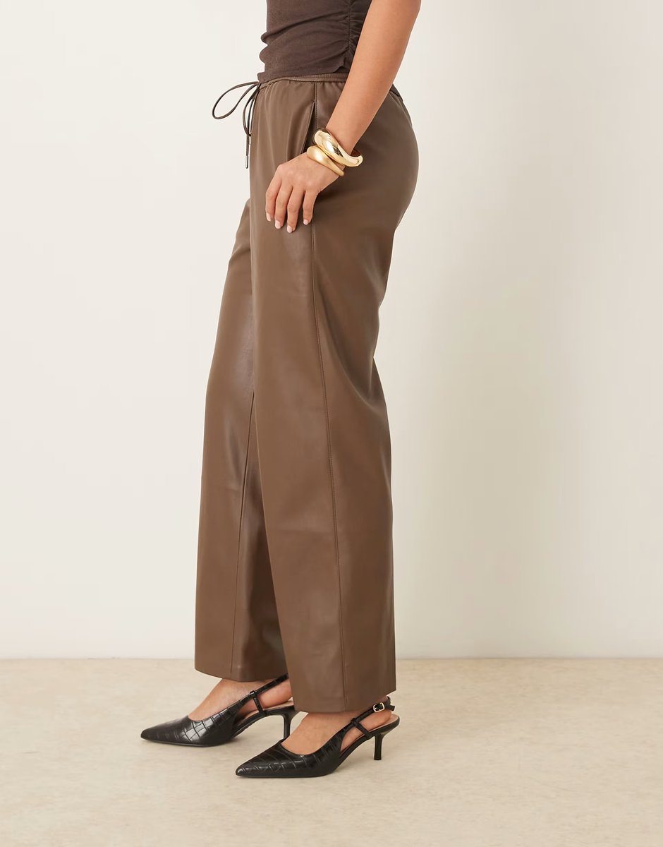 ASOS Mango faux leather tie waist trouser in brown - 3