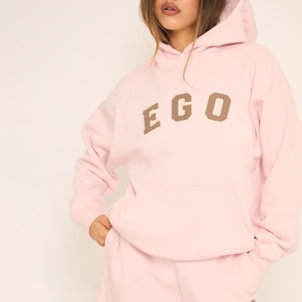 EGO Oversized Ego Graphic Slogan Print Hoodie In Pink, Women's Size UK 6 - 2