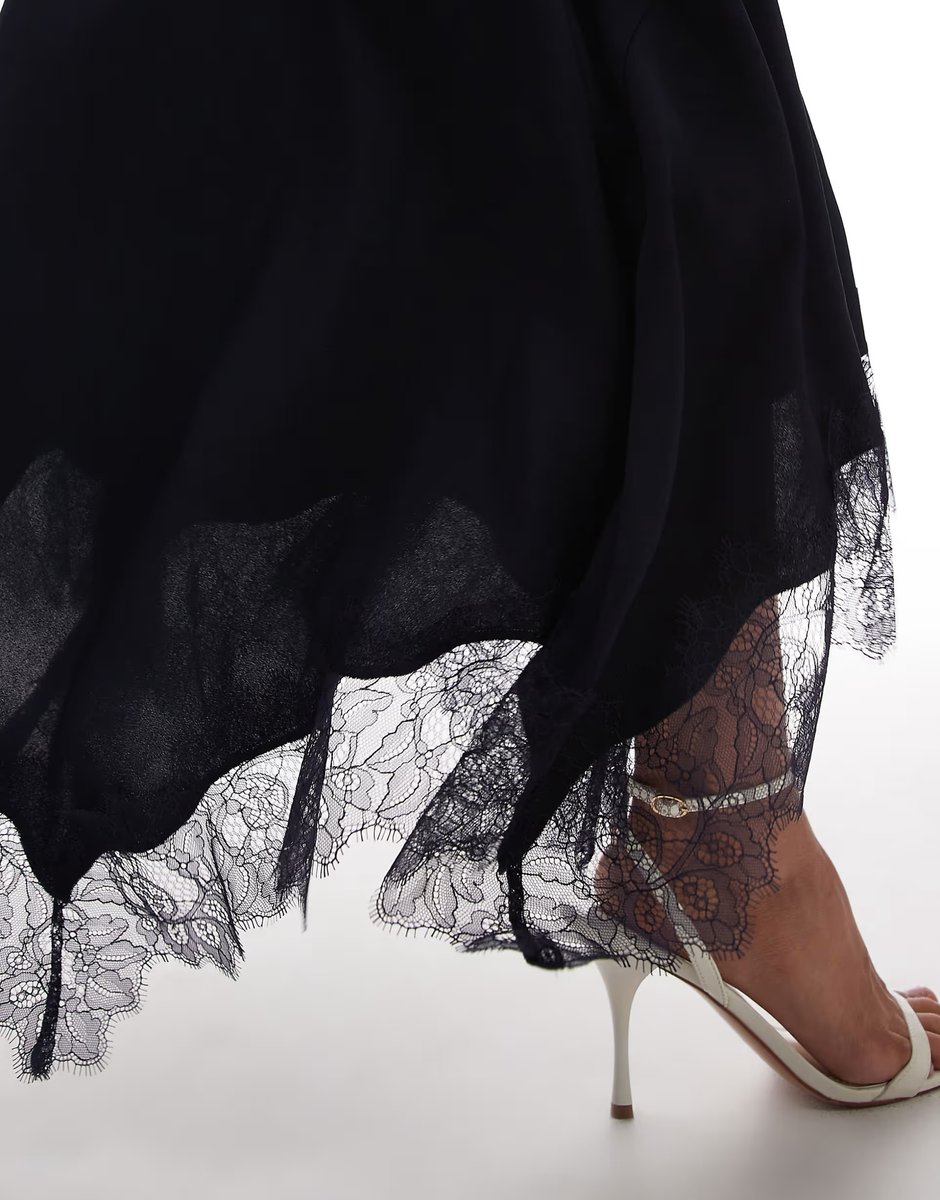 ASOS & Other Stories satin maxi skirt with asymmetric lace trim hem in blue - 2