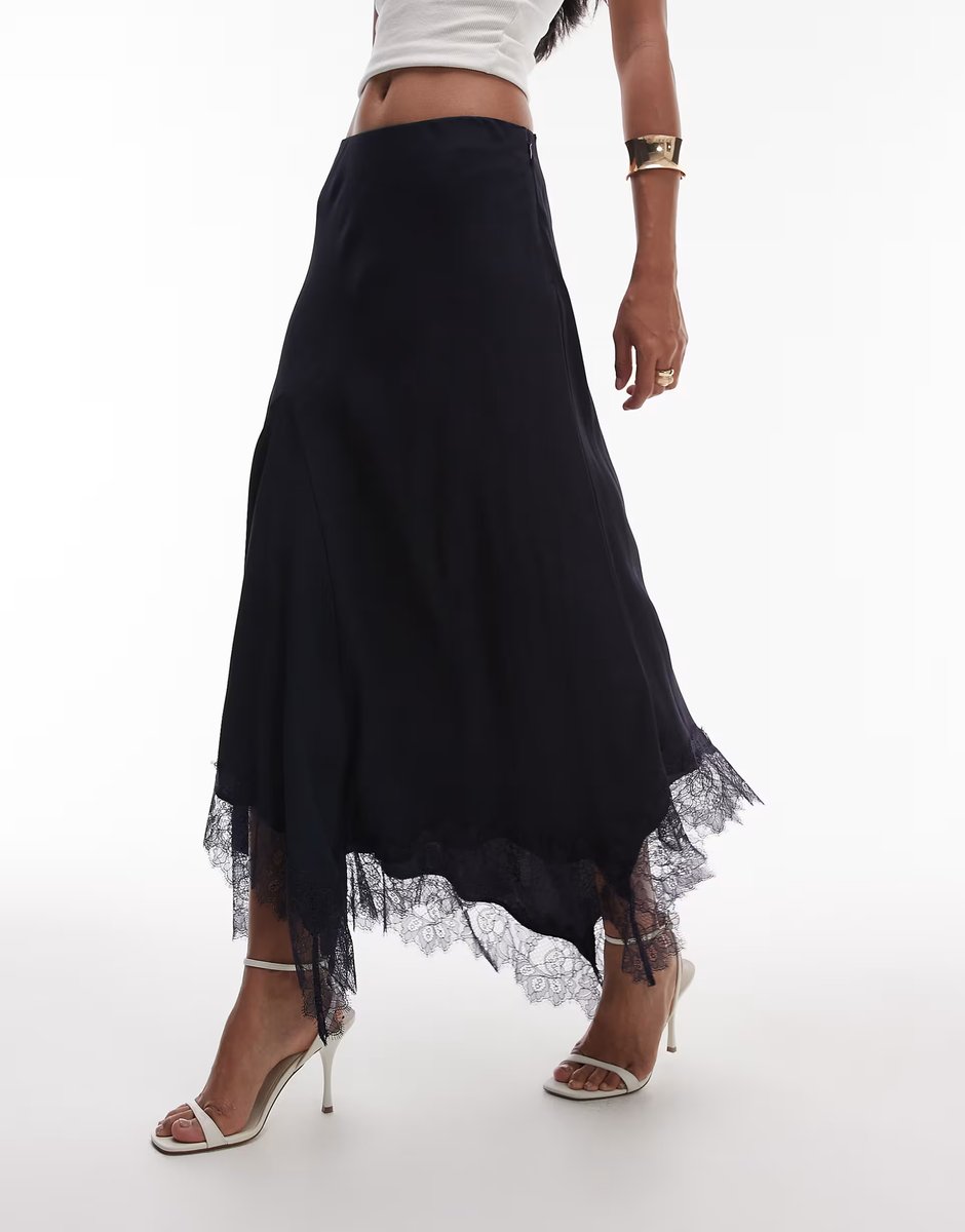 ASOS & Other Stories satin maxi skirt with asymmetric lace trim hem in blue - 3