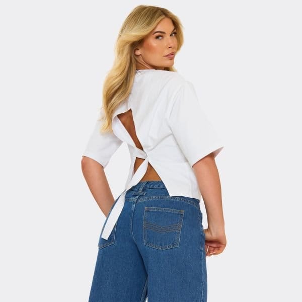 EGO Short Sleeve Open Back T-Shirt In White, Women's Size UK 6 - 1