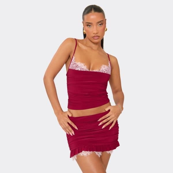 EGO EGO Strappy Ruched Lace Trim Cami Top in Burgundy