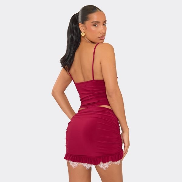 EGO Strappy Ruched Lace Trim Cami Top In Burgundy Slinky, Women's Size UK 6 - 2