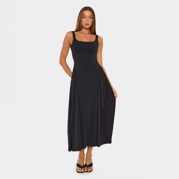 EGO Square Neck Skater Detail Midi Dress In Black, Women's Size UK Medium M - 1