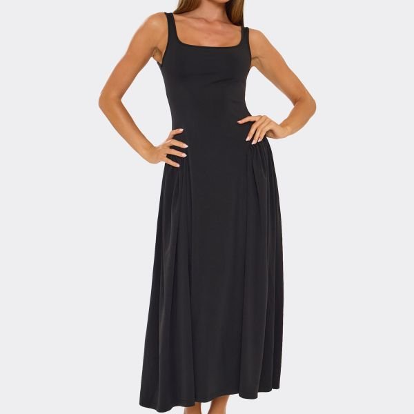 EGO Square Neck Skater Detail Midi Dress In Black, Women's Size UK Medium M - 2