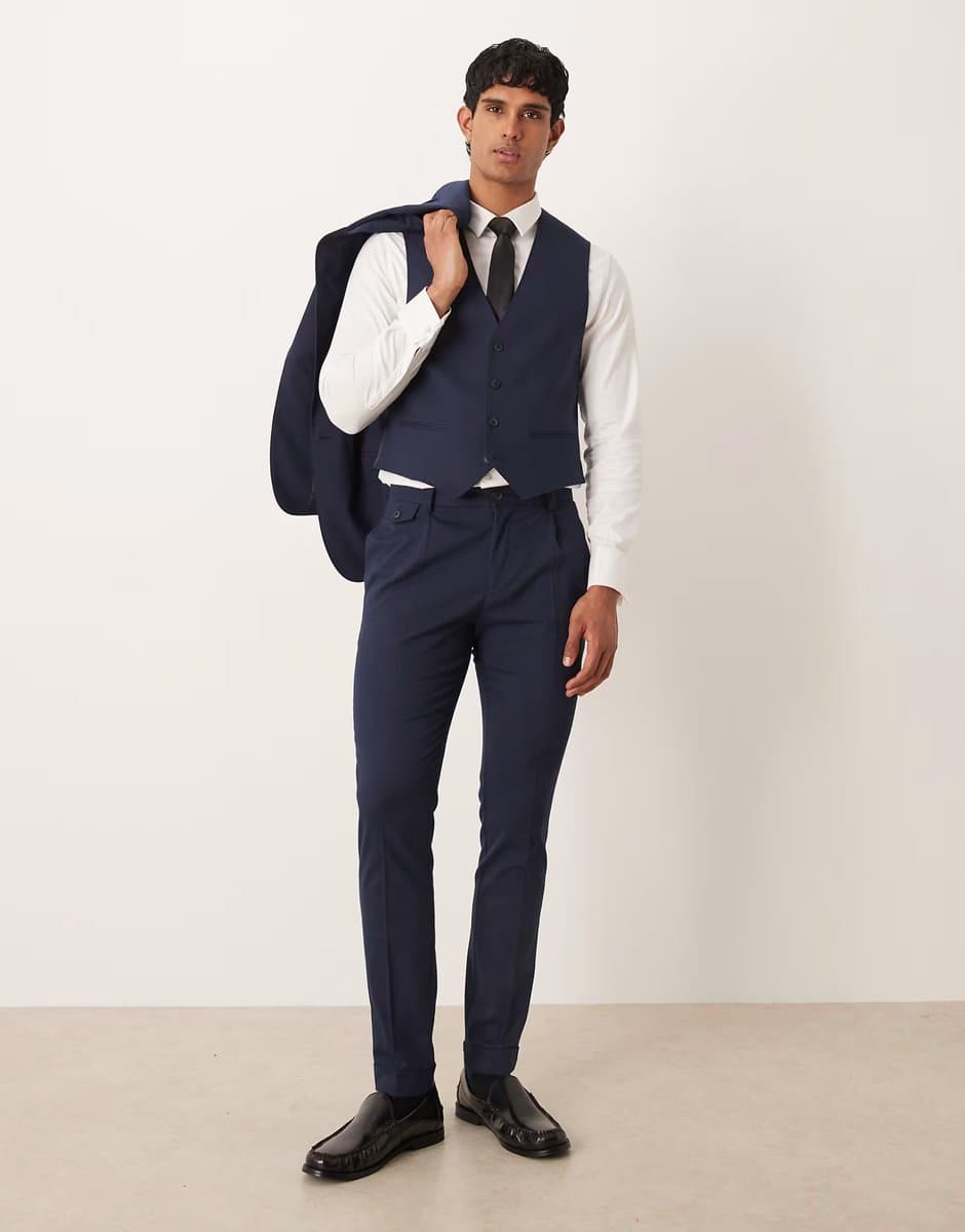 ASOS ASOS DESIGN Navy Herringbone Flannel Skinny Suit Trouser