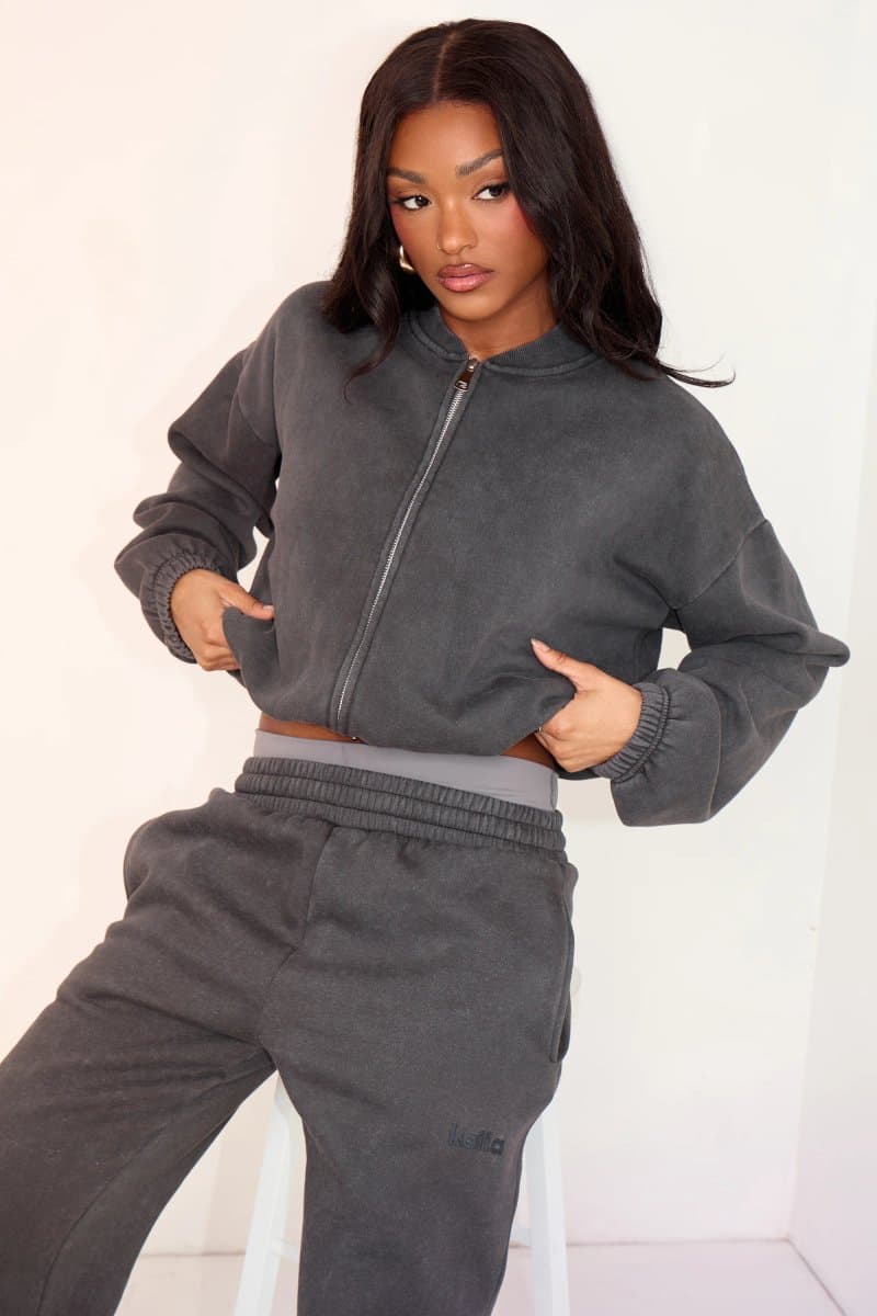 Kaiia Kaiia Zip Through Bomber Style Sweatshirt Washed Black