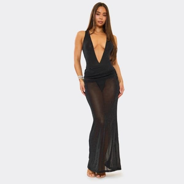 EGO Plunge Bodysuit And Asymmetric Ruched Maxi Skirt Co-Ord Set In Sheer Black Glitter Mesh, Women's Size UK 6