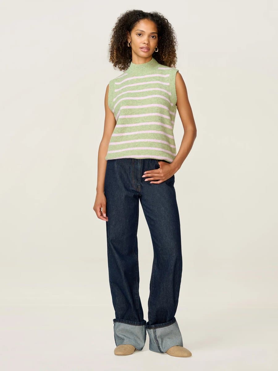 OMNES Pauli Funnel Neck Stripe Vest in Green and Pink
