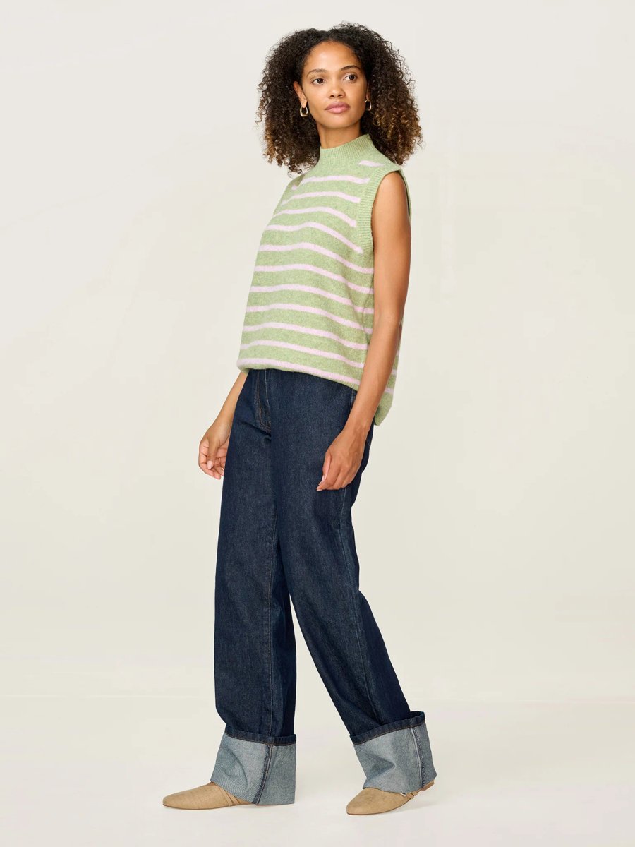 OMNES Pauli Funnel Neck Stripe Vest in Green and Pink - 2
