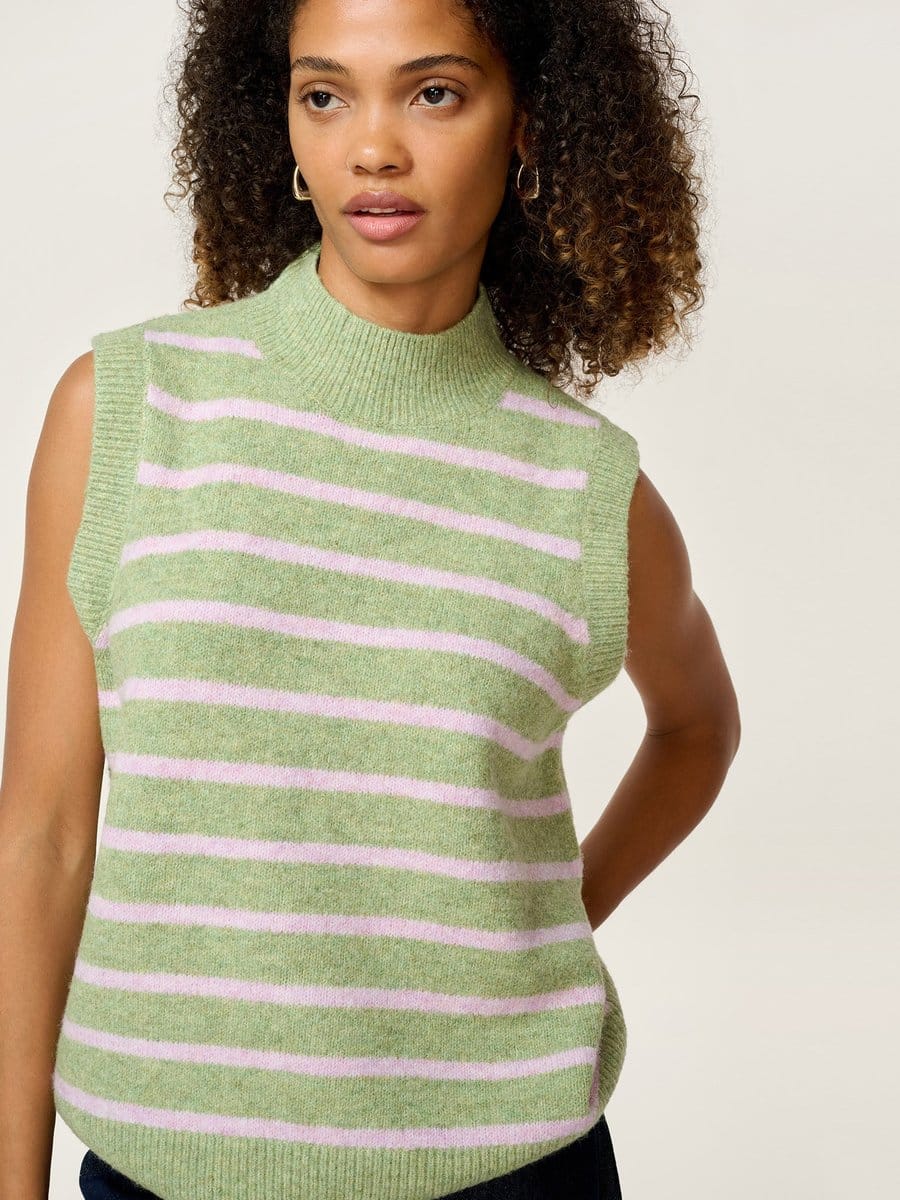 OMNES Pauli Funnel Neck Stripe Vest in Green and Pink - 4